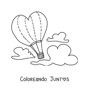 Imagen para colorear de un globo aerostático con forma de corazón en el cielo