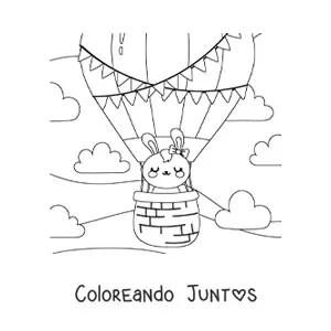 Imagen para colorear de un conejo animado kawaii en un globo aerostático