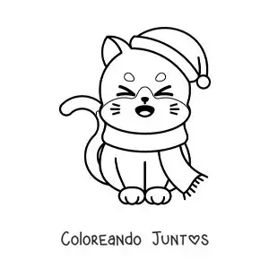 Imagen para colorear de gato animado con una bufanda y un gorro de navidad