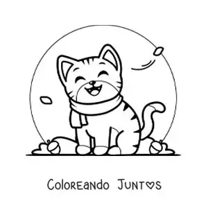 Imagen para colorear de gato animado con una bufanda en otoño