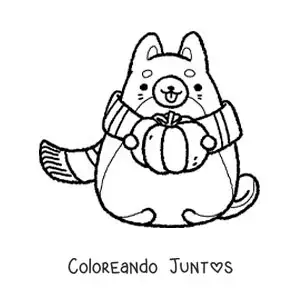 Imagen para colorear de gato animado con una bufanda y una calabaza en otoño