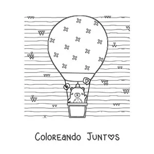 Imagen para colorear de un oso animado kawaii en un globo aerostático