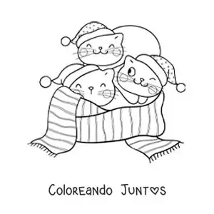 Imagen para colorear de tres gatos animados en una bufanda navideña