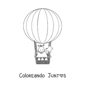Imagen para colorear de un hipopótamo animado volando en un globo aerostático