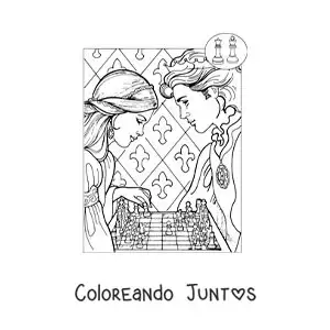 Imagen para colorear de una princesa y un príncipe jugando ajedrez