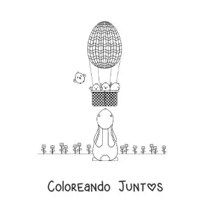 Imagen para colorear de un conejo animado y un globo aerostático de pascua