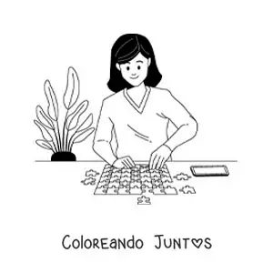 Imagen para colorear de chica armando un rompecabezas