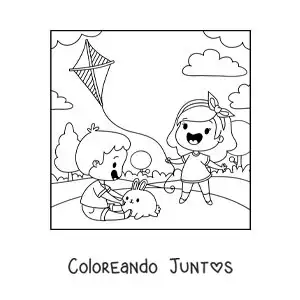 Imagen para colorear de niñas animadas volando un papalote en el parque