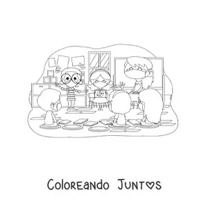 Imagen para colorear de una maestra y alumnos en un aula con mascarillas