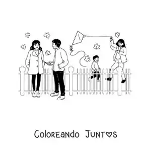 Imagen para colorear de niño volando un volantín con su mamá en el parque