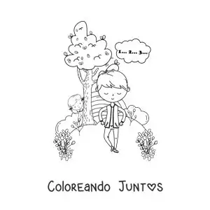 Imagen para colorear de niño escondido detrás de un árbol jugando a las escondidas