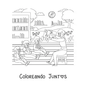 Imagen para colorear de una maestra enseñando a tres alumnos de preescolar
