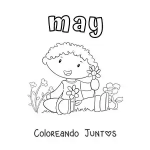 Imagen para colorear de may con un niño sentado con flores de primavera
