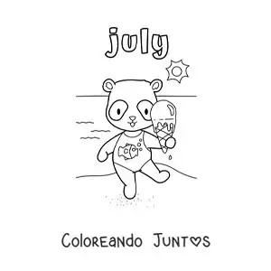 Imagen para colorear de july con un panda animado en la playa en verano