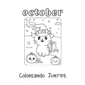 Imagen para colorear de october con un gato animado en halloween