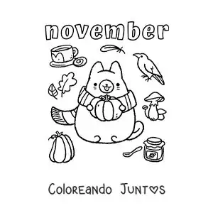 Imagen para colorear de november con un gato animado en otoño