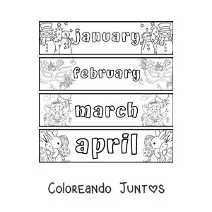 Imagen para colorear de fichas infantiles con los meses en inglés de enero a abril