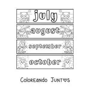 Imagen para colorear de fichas infantiles con los meses en inglés de julio a octubre