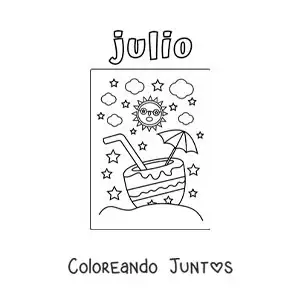 Imagen para colorear de julio con un sol animado en verano