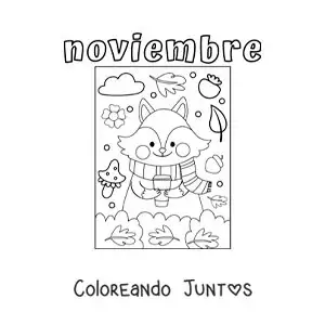 Imagen para colorear de noviembre con un zorro animado en otoño