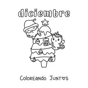 Imagen para colorear de diciembre con santa y un unicornio en el arbolito