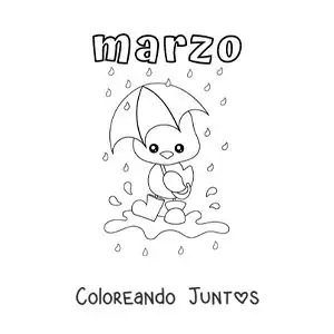 Imagen para colorear de marzo con un pato animado en la lluvia