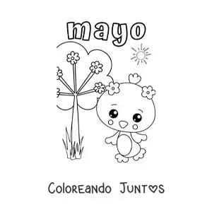 Imagen para colorear de mayo con un ave animada en primavera
