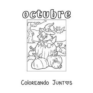 Imagen para colorear de octubre con un gato animado en halloween