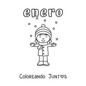 Imagen para colorear de enero con un niño en la nieve