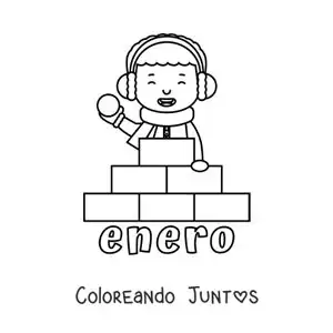 Imagen para colorear de enero con un niño jugando en la nieve