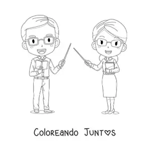 Imagen para colorear de una pareja de profesores con apuntadores de pizarra
