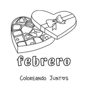 Imagen para colorear de febrero con una caja de chocolates de san valentín