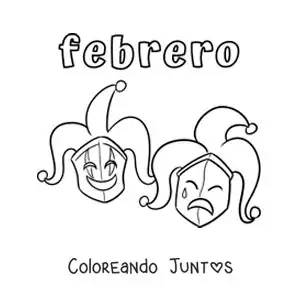 Imagen para colorear de febrero con máscaras de carnaval