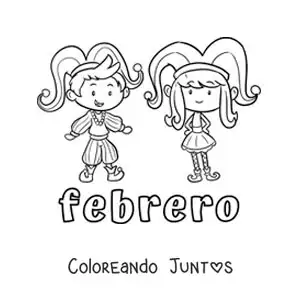 Imagen para colorear de febrero con dos niños en el carnaval
