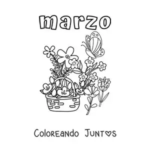 Imagen para colorear de marzo con flores y una mariposa