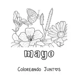 Imagen para colorear de mayo con una mariposa en un jardín de flores
