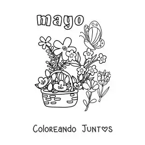 Imagen para colorear de mayo con flores de primavera en una canasta y una mariposa