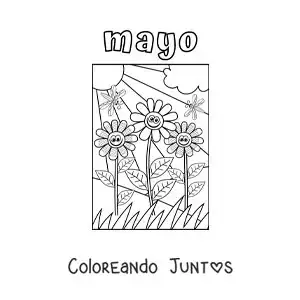 Imagen para colorear de mayo con un paisaje con flores animadas y un sol radiante