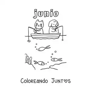 Imagen para colorear de junio con un gato y un perro animados pescando en un bote