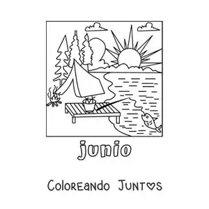 Imagen para colorear de junio con un campamento a la orilla del lago