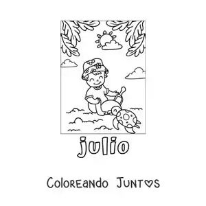 Imagen para colorear de julio con un niño de vacaciones jugando con la arena en la playa