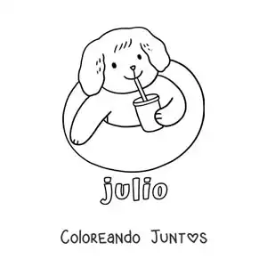 Imagen para colorear de julio con un perro animado en la piscina tomando una bebida