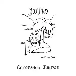 Imagen para colorear de julio con un gato animado pescando en una isla