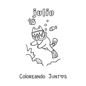 Imagen para colorear de julio con un gato animado buceando