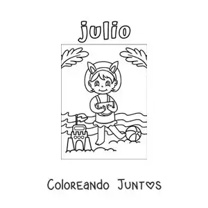 Imagen para colorear de julio con una niña en la playa haciendo un castillo de arena