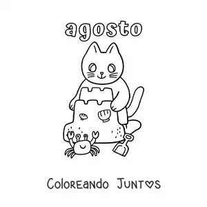 Imagen para colorear de agosto con un gato animado haciendo un castillo de arena