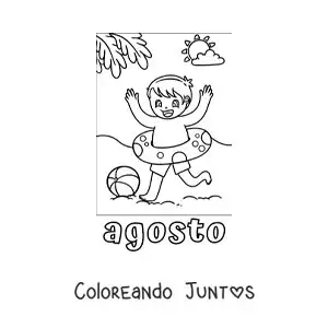 Imagen para colorear de agosto con un niño jugando en la playa