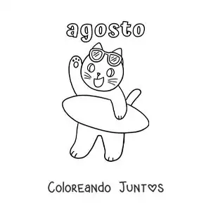 Imagen para colorear de agosto con un gato animado con una tabla de surf