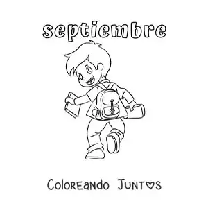 Imagen para colorear de septiembre con un niño de camino a la escuela