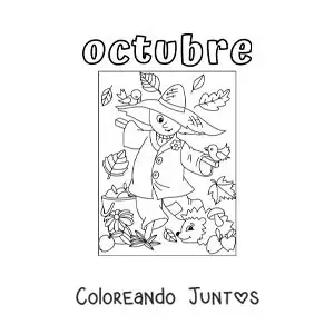 Imagen para colorear de octubre con un espantapájaros animado de otoño